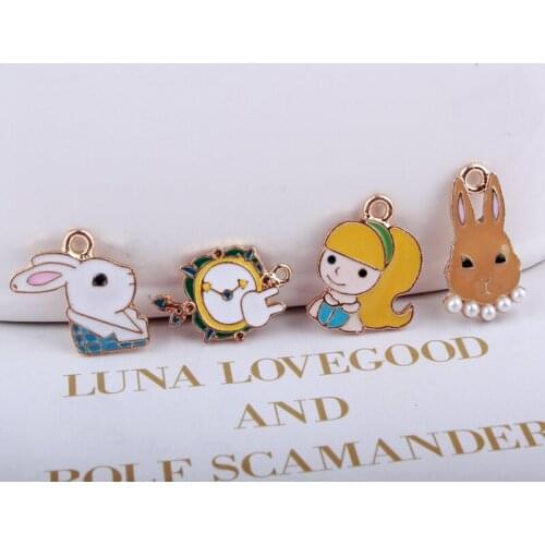 10pcs/lot DIY Lovely Alice Girl Clock Bunny Pendant Jewelry Findings Gold Tone Animals Charms Handmade Earring Accessory YZ279