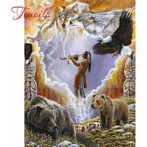 Diamond Painting Full Square Diamond Embroidery Mosaic Picture of Rhinestone American Natives Indian Man and Wolf Wall Art Decor