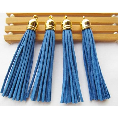 Free Shipping 100Pcs 90mm Blue Suede Leather Jewelry Tassel For Key Chains/ Cellphone Charms Top Plated End Caps Cord Tip