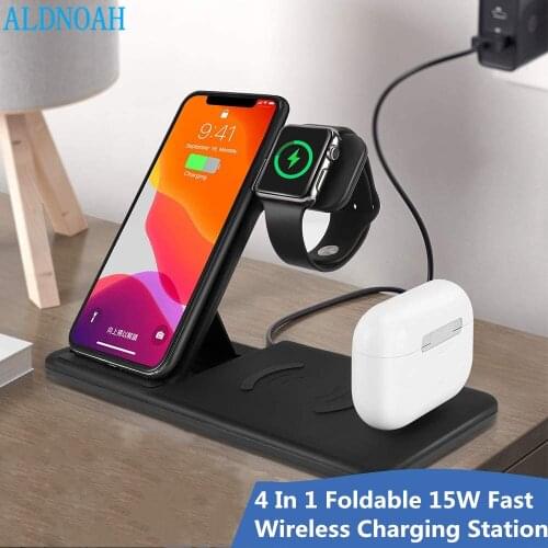 4 in 1 Qi Wireless Charger Stand for iPhone 13 12 11 XS XR X 8 15W Fast Charging Dock Station For Apple Watch 6 SE Airpods Pro