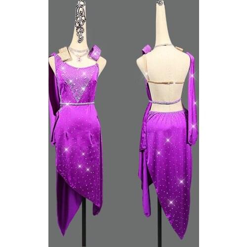 Shiny Rhinestone Women Latin Dance Dress Purple Sexy Professional High-grade Latin Dance Skirt Female Competition Clothing