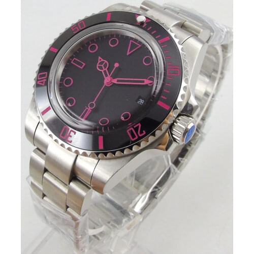 40MM Black Sterile Dial Domed Glass Pink Number Ceramic Bezel Date MIYOTA 8215 Movement Automatic Mens Watch
