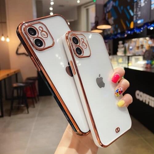 For iPhone 12 Pro Max Case Luxury Plated Square Electroplated Lens Protector Clear Cover For iPhone 7 8 Plus XR XS X Silicone