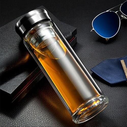 Leak-Proof Double Glass Water Bottle 320ml Drinking Teapot Travel Tour Circular Transparent Bottles With Tea strainer