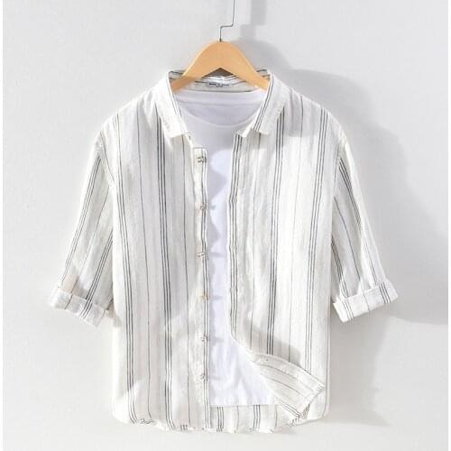 Cotton Linen Shirts Men Striped Half Sleeve Casuall Dress Shirt Fashion Stylish Tops Male Camisa Street Wear TS-747