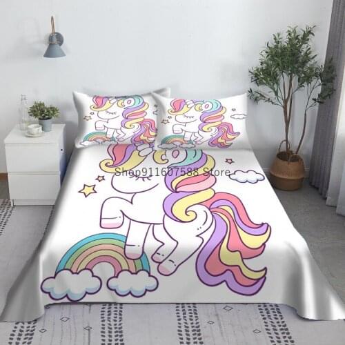 Cartoon Unicorn Bed Sheet Set 3D Printed Bed Flat Sheet With Pillowcase Bed Linen Gift For Kids King Queen Size