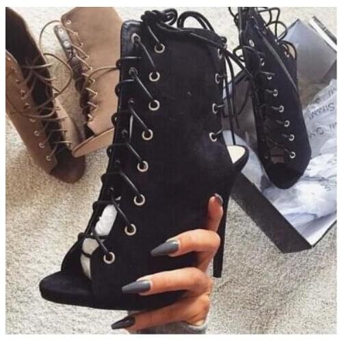 Hot selling open toe lace-up heeled sandal boots women black suede cutouts ankle boots for woman high heel boots short boots 46