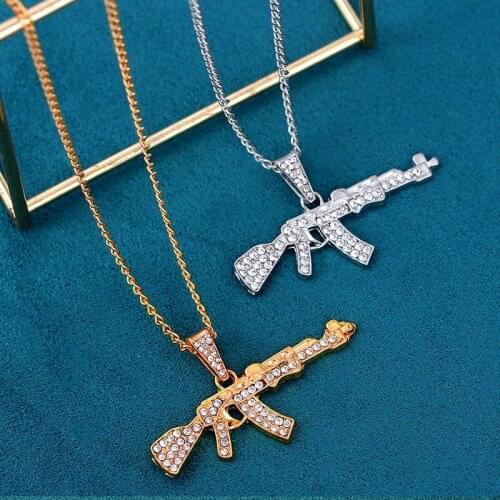 JUST FEEL New Bling Rhinestone Ak 47 Gun Pendant Necklace Unisex Gold Silver Color Metal Long Chain Necklace Rapper Best Jewelry