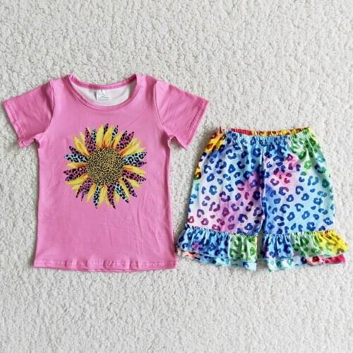 Fashion Colorful Sunflower Top Match Leopard Pattern Shorts Clothing Set For Child Boutique Girl Short Sleeve Summer Outfit