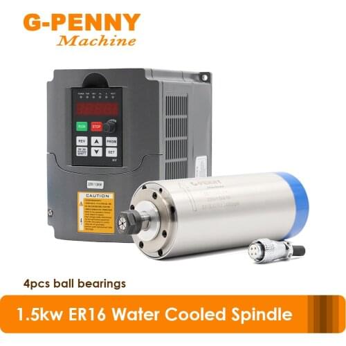 Water Cooled Spindle Motor 1.5kw ER16 4 pcs ball Bearings Diameter 80x 220mm & 1.5kw Huanyang VFD / Inverter 400Hz