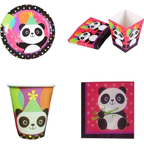 Cartoon Colorful Panda Theme Happy Birthday Party Straw Plates Cups Disposable Tablecloth Set Birthday Party Supply Decoration