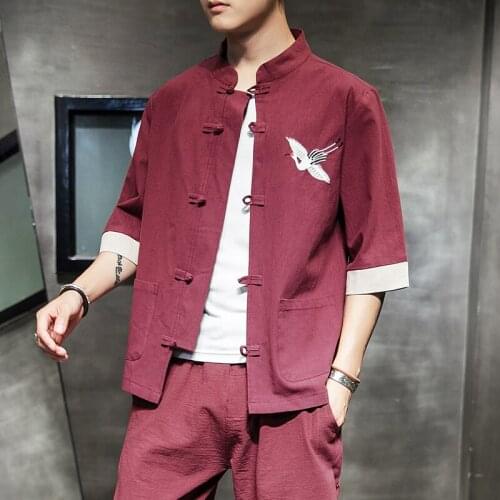 2021 Chinese Style Men Shirt Button Stand Collar Half Sleeve Casual Loose Tops Solid Color Vintage Tang Suit Shirts Men