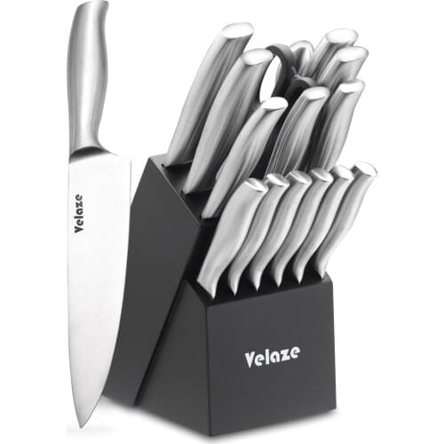 Velaze 16-Piece Kitchen Premium Stainless Steel Knife Set Sharp Cheaf Meat Steak Knives Scissor Set with Wodden Knife Holder