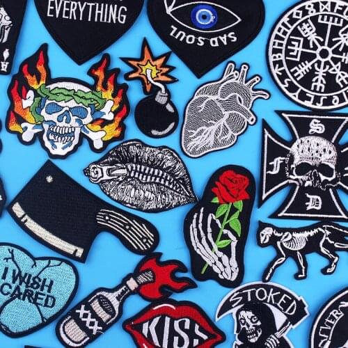 Punk Lips Iron On Patches For Clothing Skull Rock Embroidery Patch Applique Heart Patch DIY Hippie Stripes Patches On Clothes