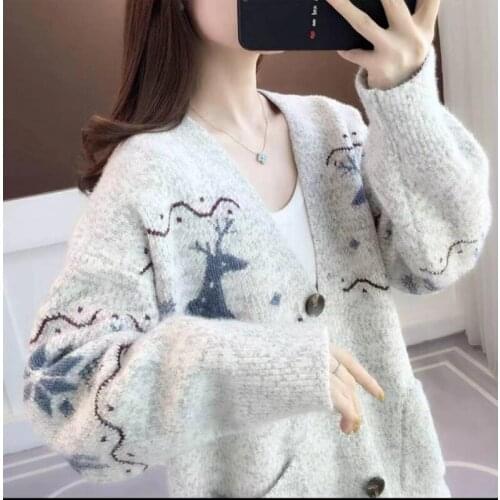 2021 spring and autumn new knitted cardigan womens lazy style sweater coat Western style all-match thick outer wear top
