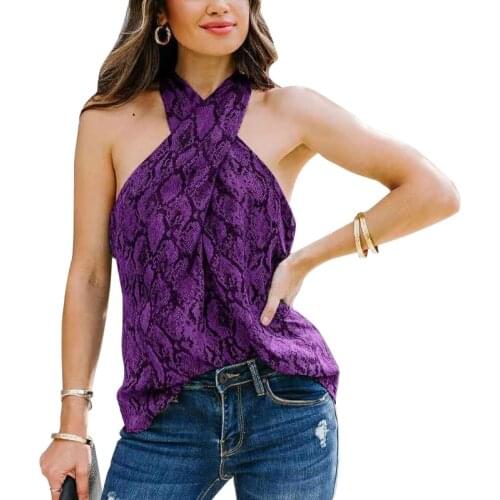New Women Summer Sexy Cross Wrap Halter Tank Top Boho Snakeskin Printed Casual Loose Tunic Vest Ruched Twist Sleeveless Beach