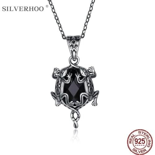 SILVERHOO Necklace For Women S925 Sterling Silver Black Zircon Suspend Double Gecko Trendy Pendent Necklace Fine Jewelry Sale
