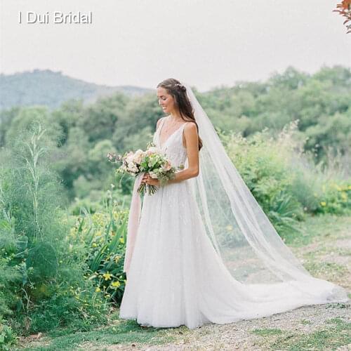 Outdoor Wedding Dress A Line V Neck Sparkle Sequin Lace Bridal Gown