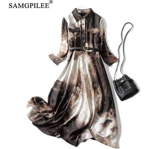 2021 Spring Autumn European American Retro Over The Knee Long Dress Women Ink Print Large Swing Chiffon Slim Dresses Plus Size