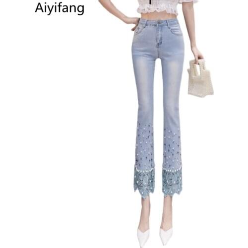 Ladies Summer Beading Denim Pants Womens Elasticity Jeans Lace Patchwork Flare Pant High Waist Thin Cowboy Ankle-Length Pants