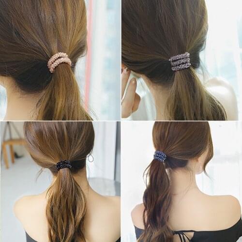 Women Solid Color Temperament Beads Elastic Hair Bands Bling Silver Beads Scrunchies Fashion Hair Accessories
