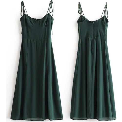 2021 Summer Womens Elegant Green Sexy Slits Sling Dress Female Holiday Spaghetti Strap Dress Chic Dress New