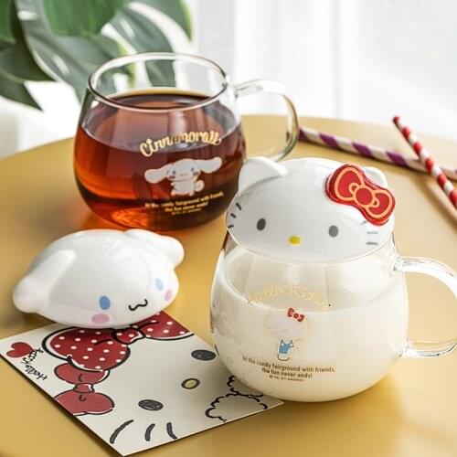 7.3cm Kawaii HelloKt Cinnamoroll Cartoon Glass Drinking Cup with Lid Spoon Transparent Tea Home Milk Cup