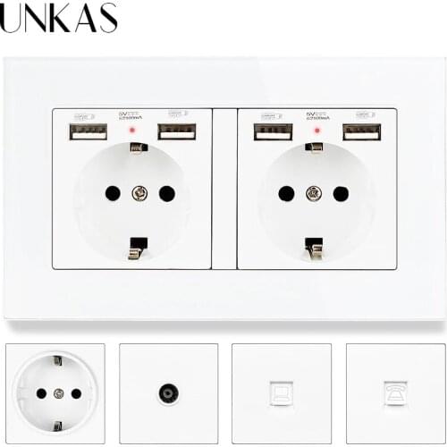 UNKAS White Glass Panel EU French Socket With Dual USB Port + TV RJ11 Telephone RJ45 Internet Computer Jack 146mm * 86mm Outlet