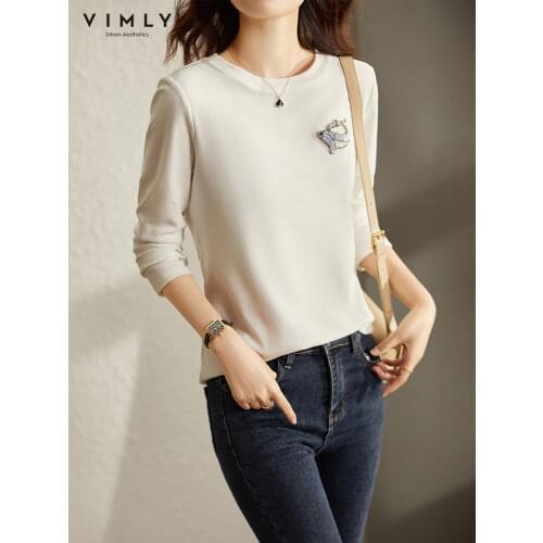 VIMLY White T-shirt Womens Autumn 2021 New Western Style Long Sleeve O-neck Cotton Tshirts Soild Casual Tops Female F8665