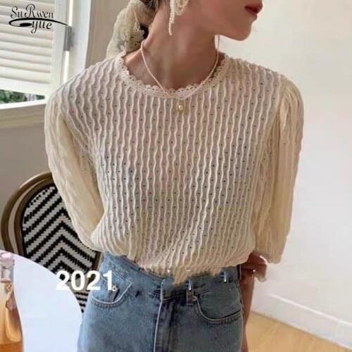 Spring 2021 New Korean Loose O-Neck Lace Edge Chiffon Blouse Wave Ripple Polka Dot Bubble Half-Sleeve Bottoming Tops White 13763