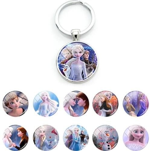 Disney Frozen Princess Elsa Anna Snow Pattern Keyrings Pendant Glass Cabochon Key Chains for Women Creative Design Jewelry BX01