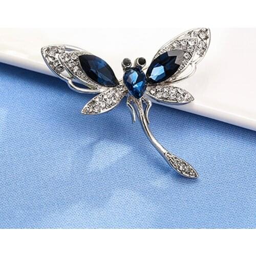 Blue Crystal Rhinestone Dragonfly Flying Insect Brooch Pin Boutonniere Banquet Wedding Jewelry Women Dress Coat Men Accessories