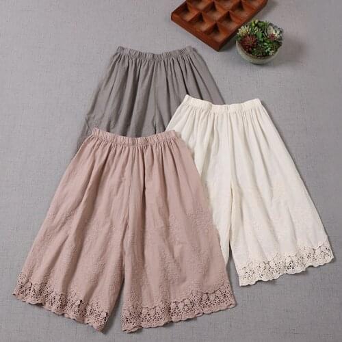 New Summer Women Knee Length Japan Style Mori Girl Elastic Waist Lace Embroidery Loose Cotton and linen wide-leg pants