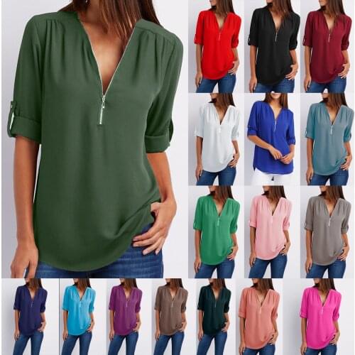 Summer Women Chiffon T-Shirts Elegant V Neck Roll Up Long Sleeve Zipper Tunic Tops Casual Loose Blue Shirts Female 5XL Plus Size