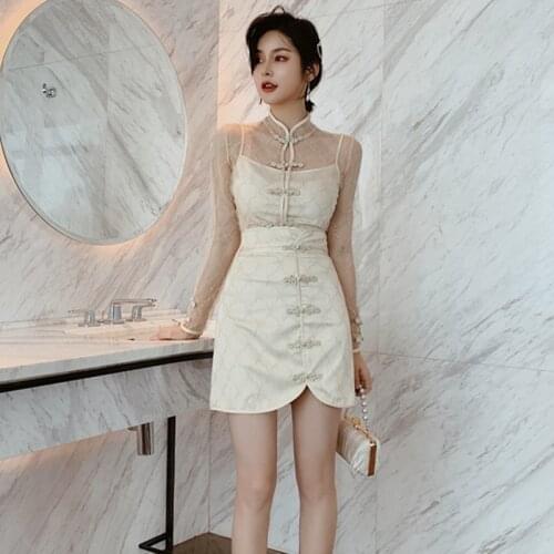 2 Pieces Sets Cheongsam High End Women Suit Sexy Mesh Patchwork Long Sleeve Tops and Mini Skirts Vintage Two Piece Set Vestidos