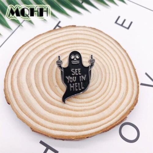 Creative Ghost Skeleton Enamel Brooch Black Cat Gesture SEE YOU IN HELL Alloy Custom Badge Shirt Bag Pin Punk Women Jewelry Gift