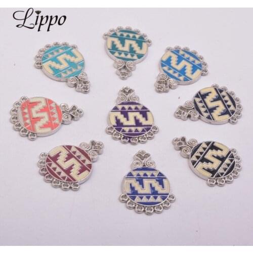 12pcs Alloy 7 Hole Round Enamel Charm Connector Antique Silver Pendant Connectors Earring Jewelry Parts