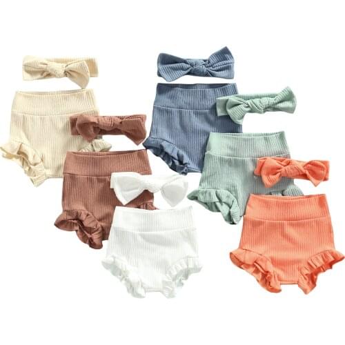 Citgeett Summer Solid Infant Baby Girls Outfit Sweet Style High Waist Elastic Lace Shorts + Bow Headwear Clothes Set