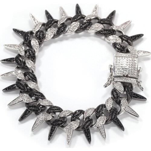 Hip Hop Mens Silver Color Black Bracelet 19mm Thorns Copper Large Cuban Chain Ice Out Cuban Braclete Chain Hip Hop For Men