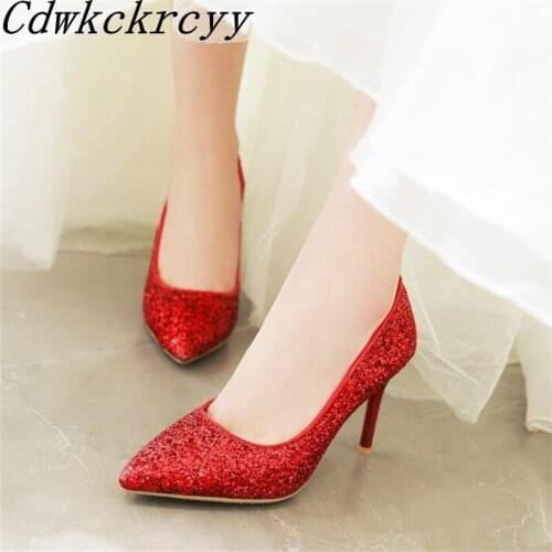 Spring Autumn New pattern fashion Cusp temperament High-heeled Waterproof Women Shoes gules Sequins banquet marry Women Shoes