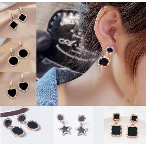 Fashion New Black Round Geometric Tassel Drop Rhinestone Simple And Versatile Temperament Female Wedding Earrings Jewelry
