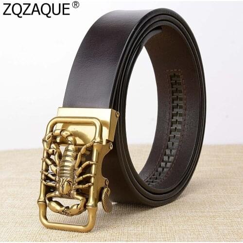 Gift For Men Scorpion Pattern Automatic Buckle Belts Brozen Silver Buckle Males Genuine Leather Waistbands Decor Cintos SY1703