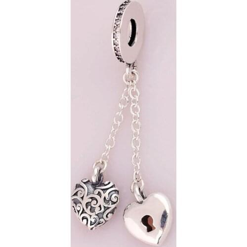 Authentic S925 Pendant DIY Jewelry Lock & Heart Dangle Charms fit Lady Bracelet Bangle