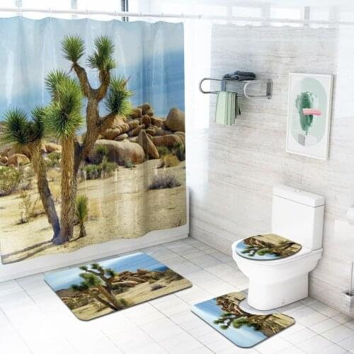 Desert Trees Floral Print 4pcs/set Shower Curtain Pedestal Rug Lid Toilet Cover Mat Bath Mat Set Bathroom Curtains with 12 Hooks