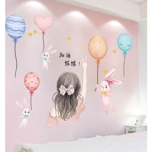 [shijuekongjian] Balloons Rabbits Wall Stickers DIY Cartoon Girl Wall Decals for Kids Rooms Baby Bedroom House Decoration