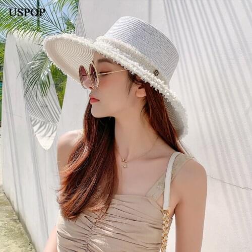 USPOP New sun hats women wide brim straw hats vintage letter M beach hats female summer straw sun hats