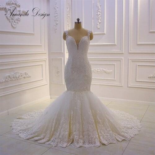 Amanda Design robe de mariee grande taille Cap Sleeve Lace Appliques Pearls Mermaid Wedding Dress