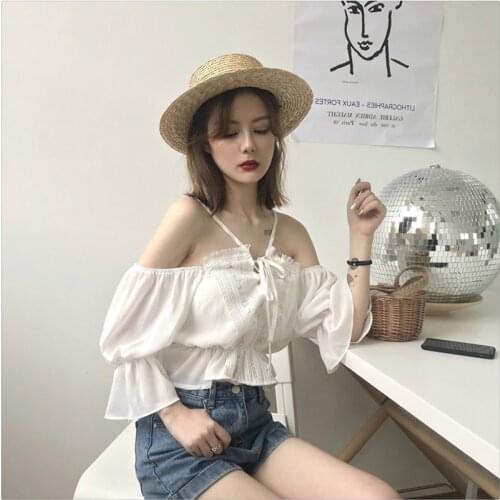 Spring Lace-up Shirt New Sling Womens Hanging Neck Word Off-shoulder Shirt