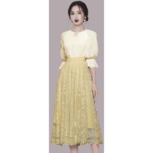 2021 Summer Elegant 2 Pieces Set New Lace-Up Lantern Sleeve Top + Fashion High Waist Lace Big Swing Skirt Lady Skirt Suit