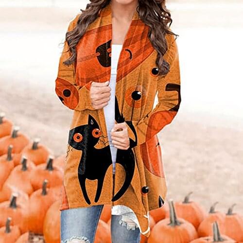 2021 Womens Halloween Animal Cat Pumpkin Print Long Sleeve Cardigan Jacket Top clothes For women Female clothing Xmas Fashion